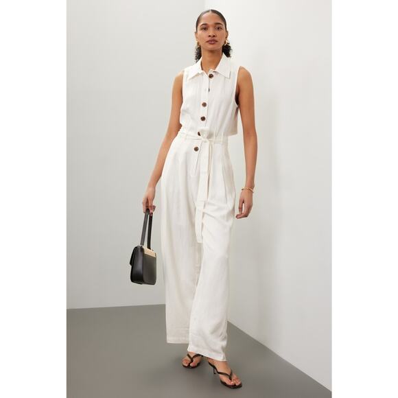 REISS Women's White Collared Front Button Belted Wide Leg Jumpsuit Size US 2 - Picture 1 of 14
